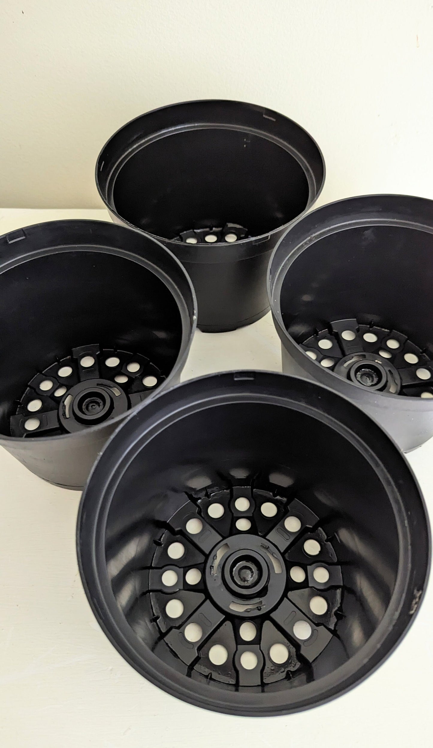 Four plastic 6 inch diameter plant growing pots with good drainage for transplants and  seeds.