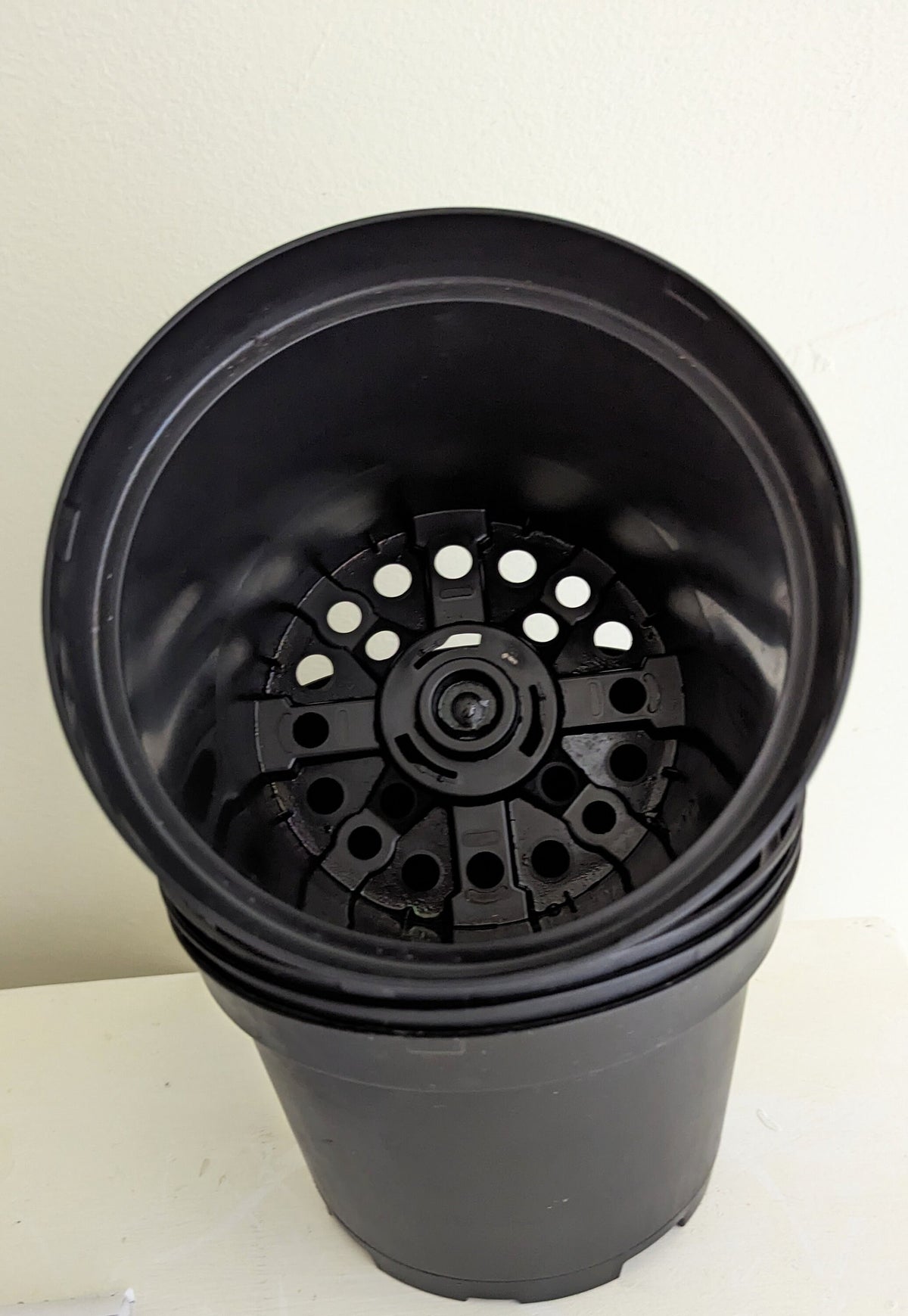 Four plastic 6 inch diameter plant growing pots with good drainage for transplants and  seeds.